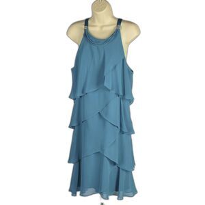 SLNY Fashions Tiered Turquoise Chiffon Rhinestone Party Dress  Size 14